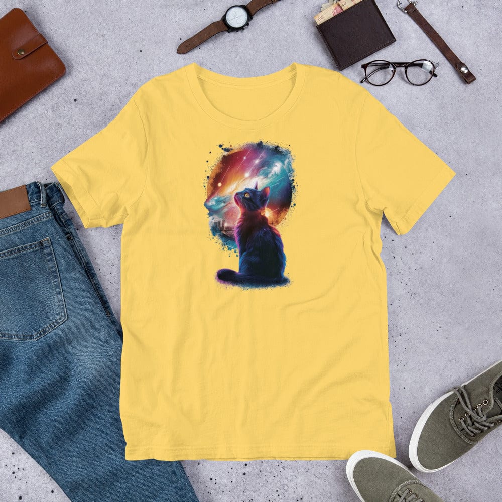 Padres Mágicos Amarillo / S Camiseta "Gato Cósmico" de algodón suave - Para los amantes de los gatos y el universo