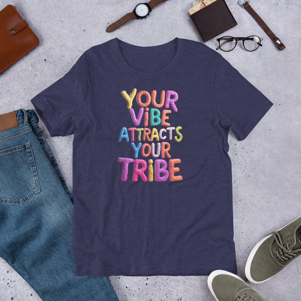 Padres Mágicos Azul medianoche jaspeado / S Camiseta "Tu Vibra Atrae a Tu Tribu" de algodón suave