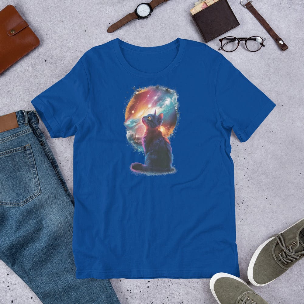Padres Mágicos Azul real claro / S Camiseta "Gato Cósmico" de algodón suave - Para los amantes de los gatos y el universo