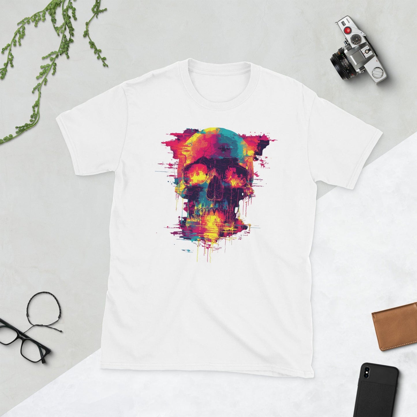 Padres Mágicos Blanco / S Camiseta de Calavera Neón con Arte Digital - Diseño Impactante y Colorido
