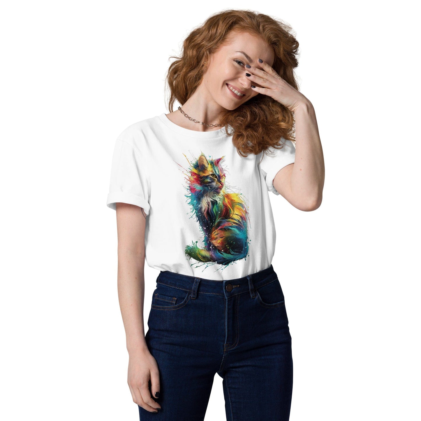 Padres Mágicos Blanco / S Camiseta "Gato Arcoíris Explosivo" 100% Algodón Orgánico - Para Amantes de los Gatos y el Color