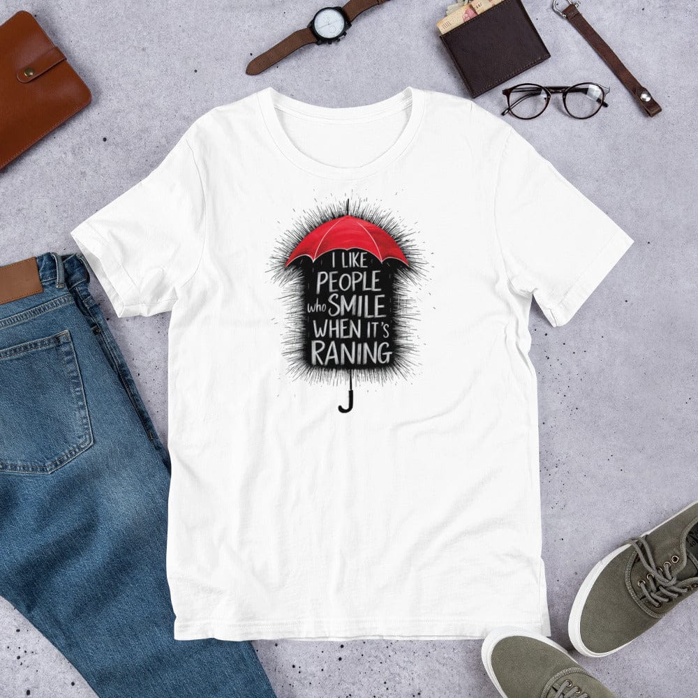 Padres Mágicos Blanco / S Camiseta Inspiradora "Smile When It's Raining" - Diseño de Paraguas