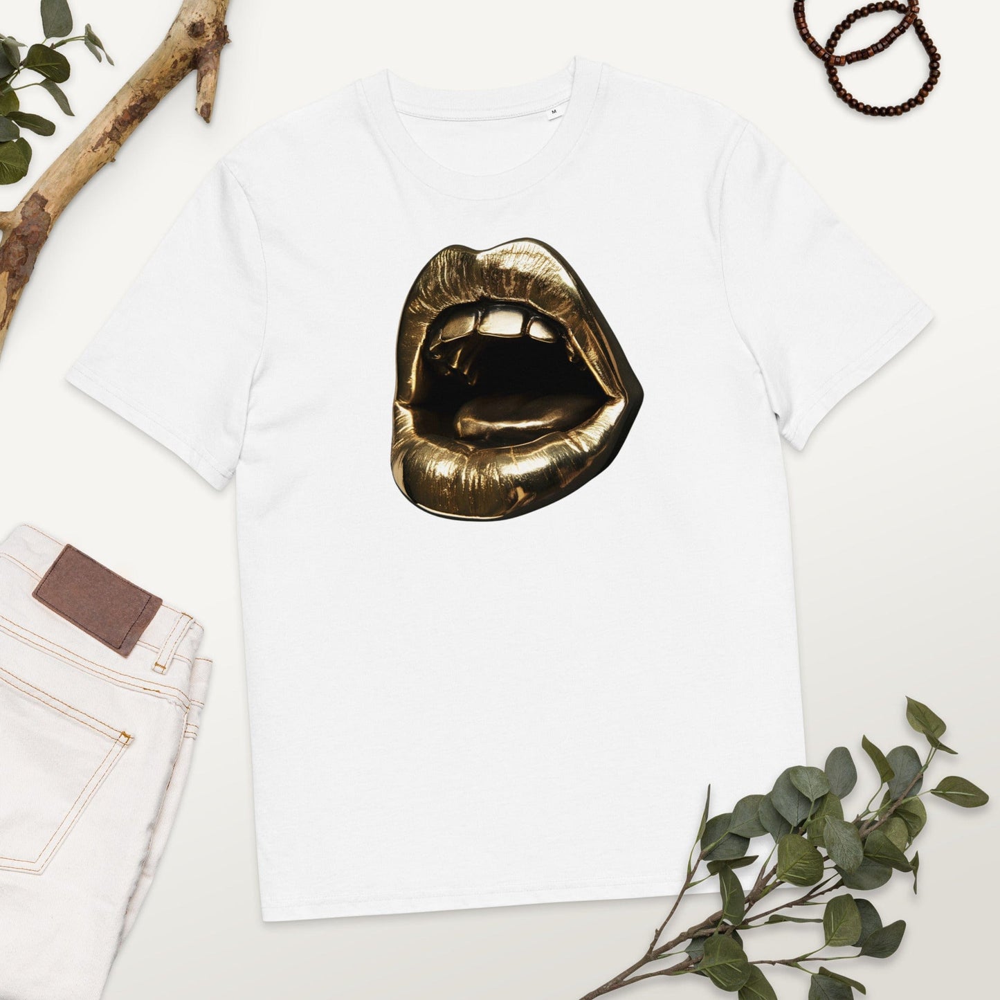 Padres Mágicos Blanco / S Camiseta "Labios Dorados" de Algodón Orgánico
