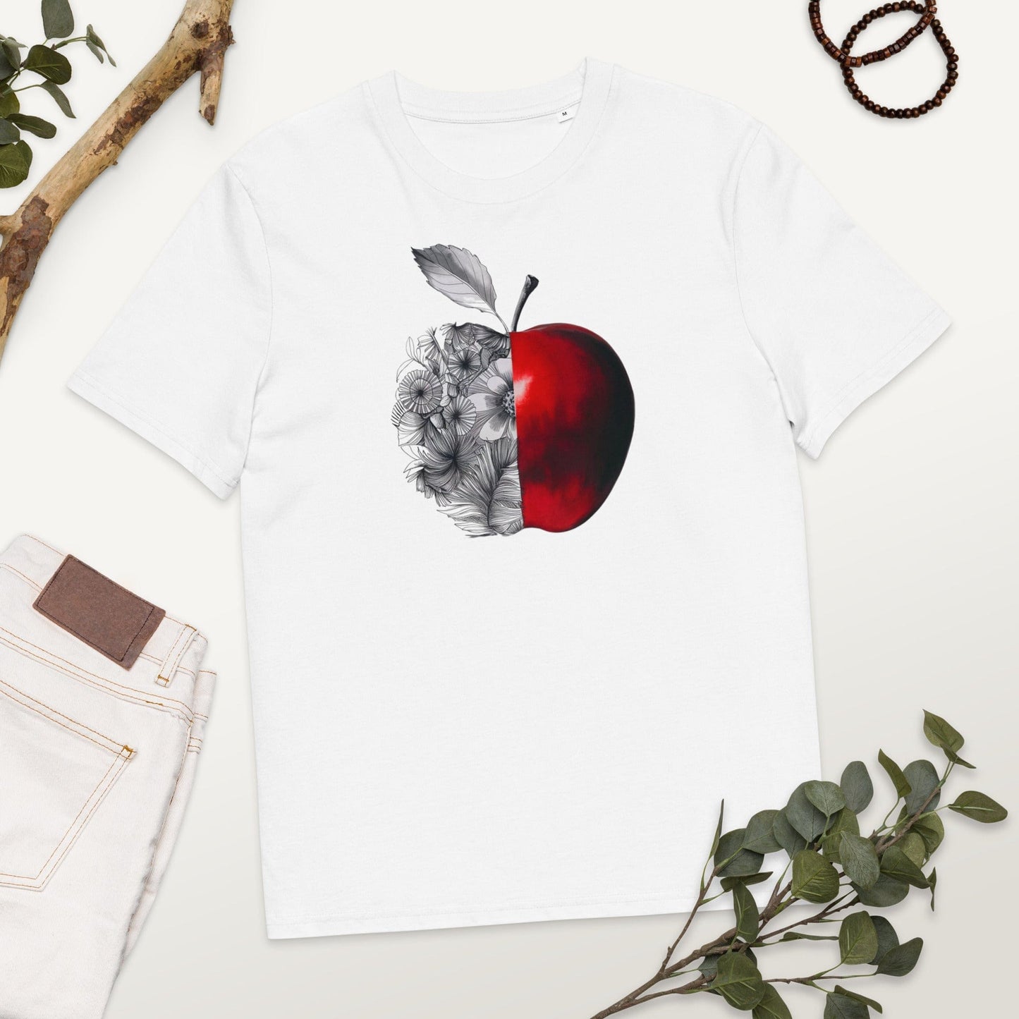 Padres Mágicos Blanco / S Camiseta "Manzana Floral Contrastada" 100% Algodón Orgánico - Para Amantes del Arte y la Naturaleza