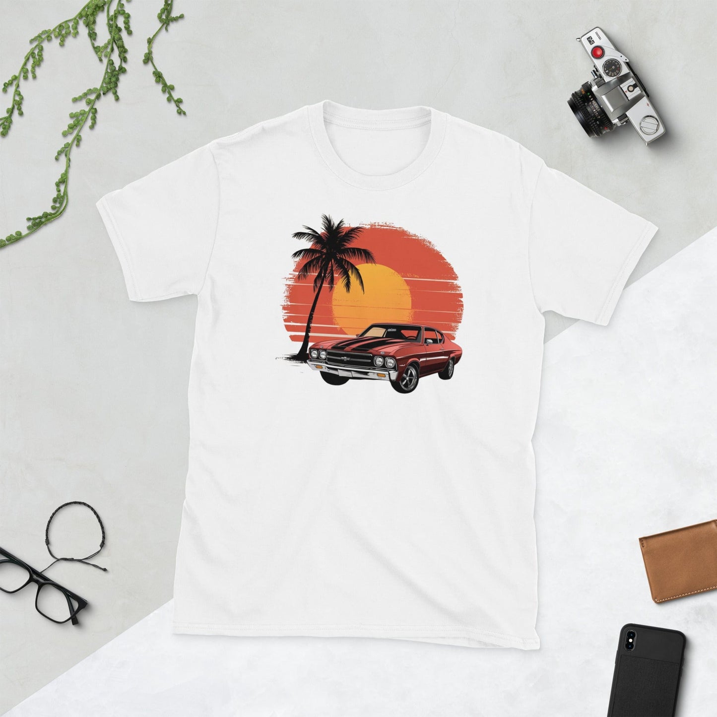 Padres Mágicos Blanco / S Camiseta Muscle Car con Palmera - Diseño Retro para Amantes de los Coches