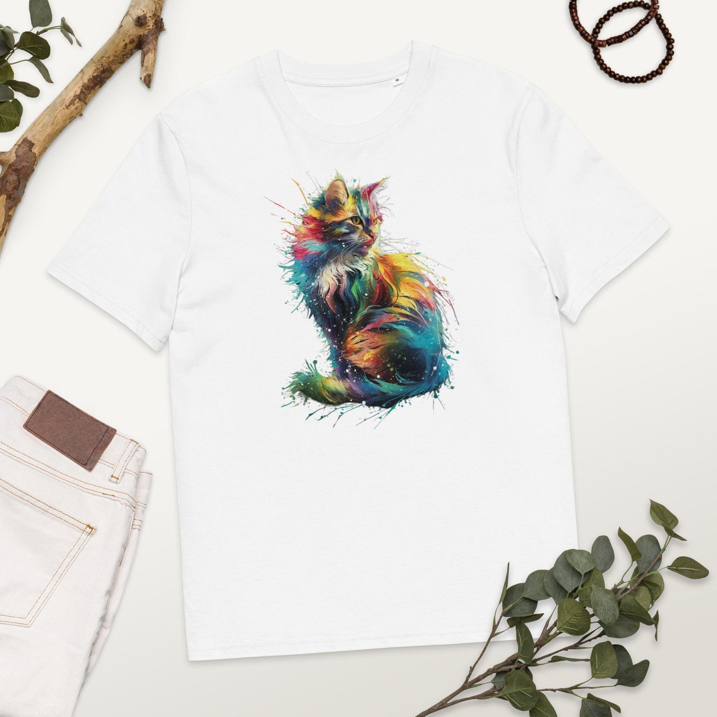 Padres Mágicos Camiseta "Gato Arcoíris Explosivo" 100% Algodón Orgánico - Para Amantes de los Gatos y el Color