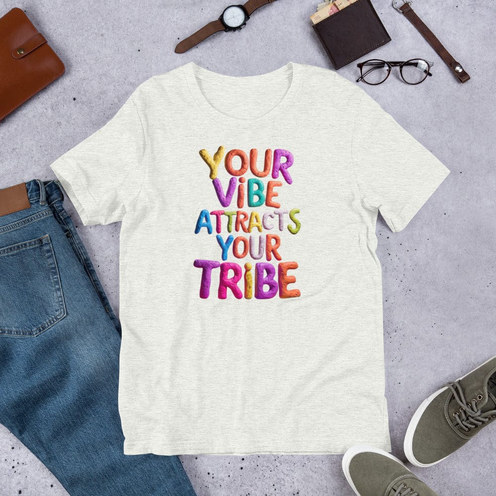 Padres Mágicos Ceniza / S Camiseta "Tu Vibra Atrae a Tu Tribu" de algodón suave