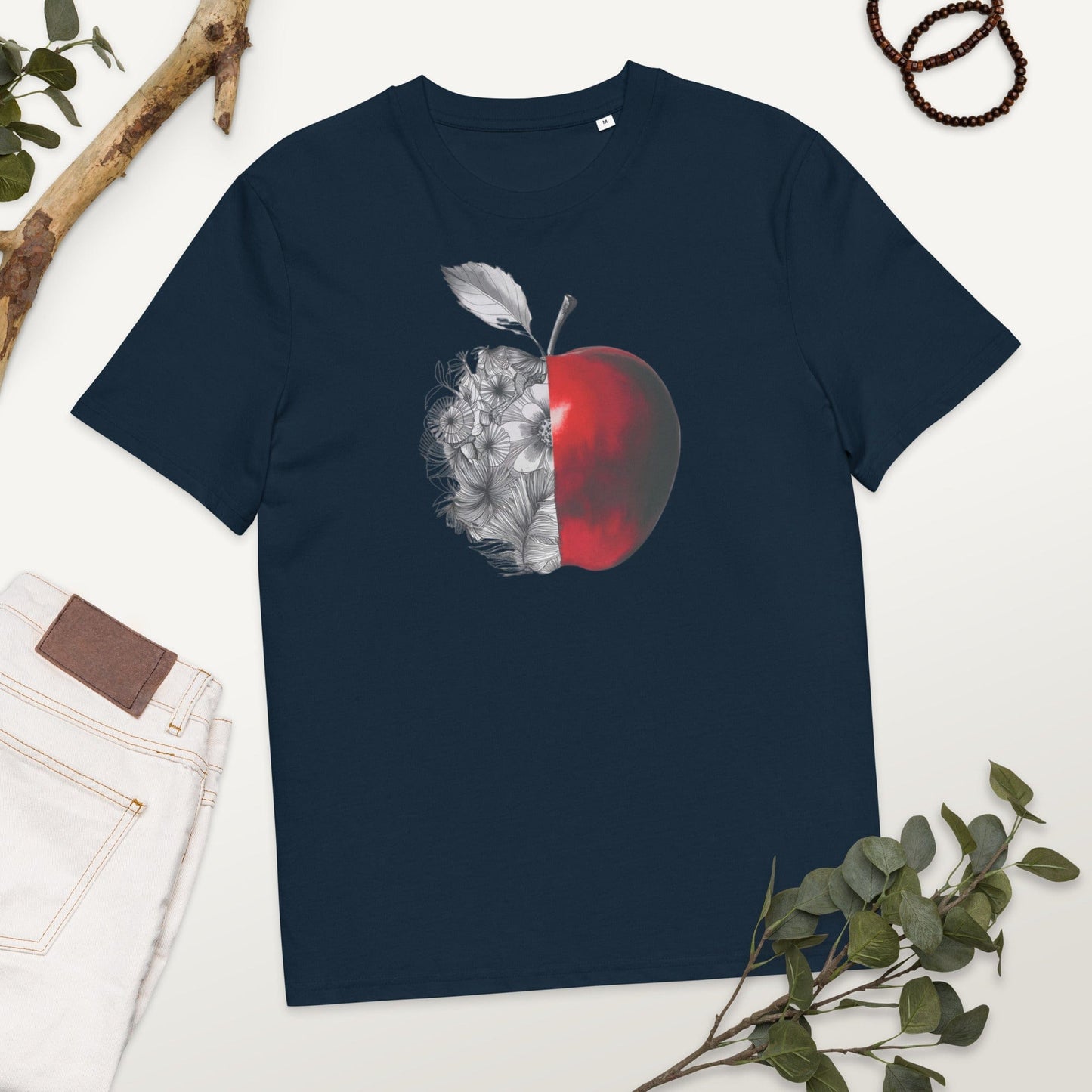 Padres Mágicos French Navy / S Camiseta "Manzana Floral Contrastada" 100% Algodón Orgánico - Para Amantes del Arte y la Naturaleza