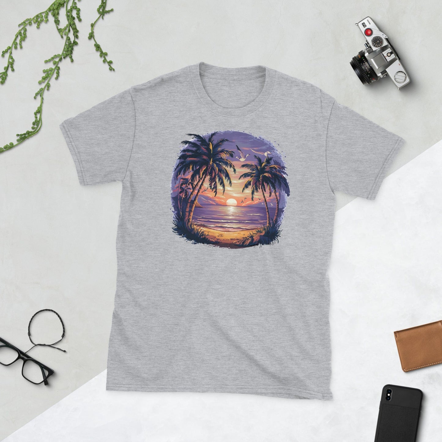 Padres Mágicos Gris deportivo / S Camiseta Atardecer Tropical con Palmeras - Diseño Relajante y Exótico