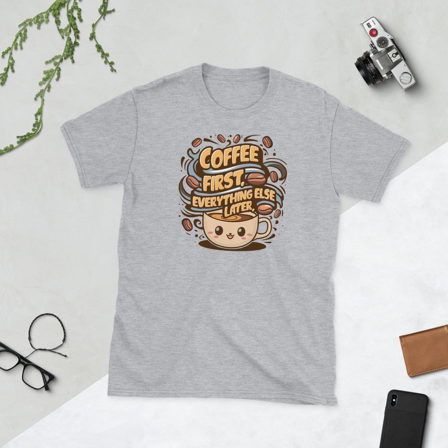 Padres Mágicos Gris deportivo / S Camiseta Coffee First - Diseño Divertido y Café Adorable