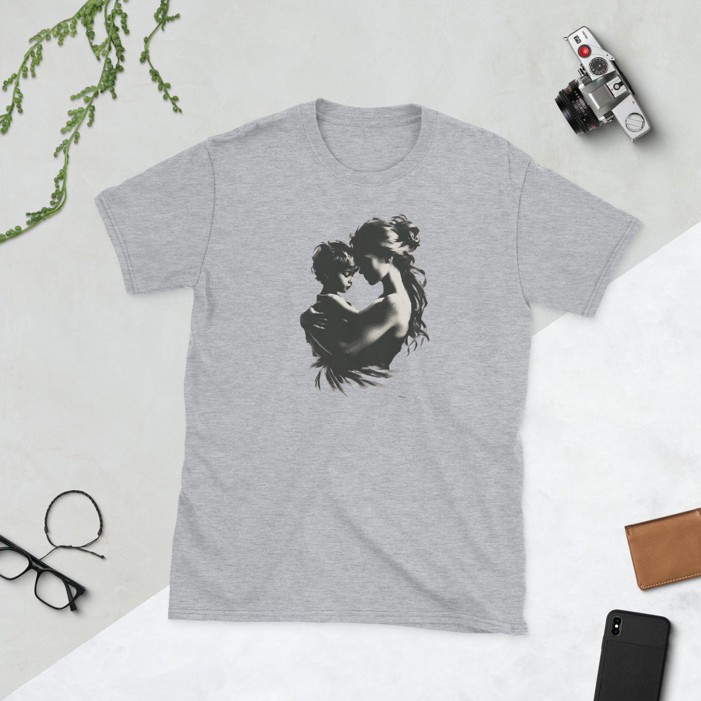 Padres Mágicos Gris deportivo / S Camiseta con Dibujo Artístico de Madre e Hijo - Estilo Minimalista