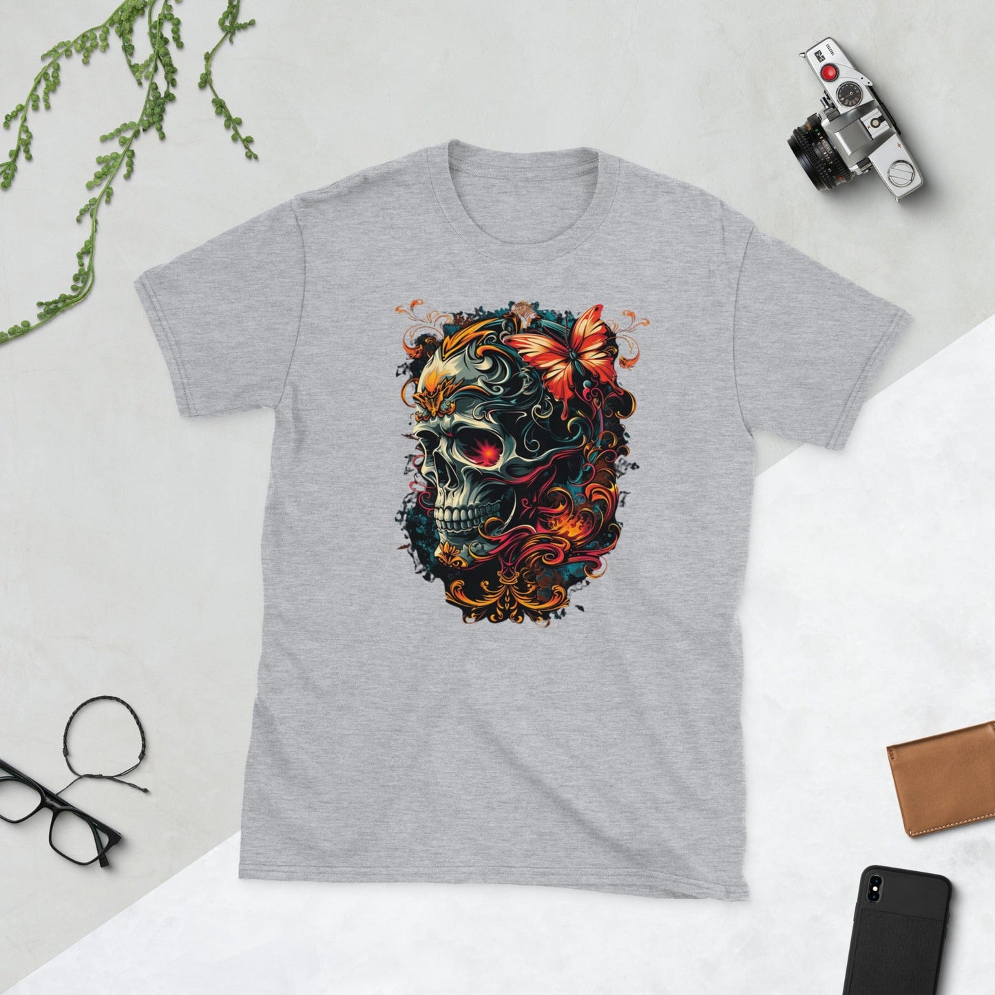 Padres Mágicos Gris deportivo / S Camiseta de Calavera con Mariposa y Arte Barroco - Diseño Elegante y Detallado