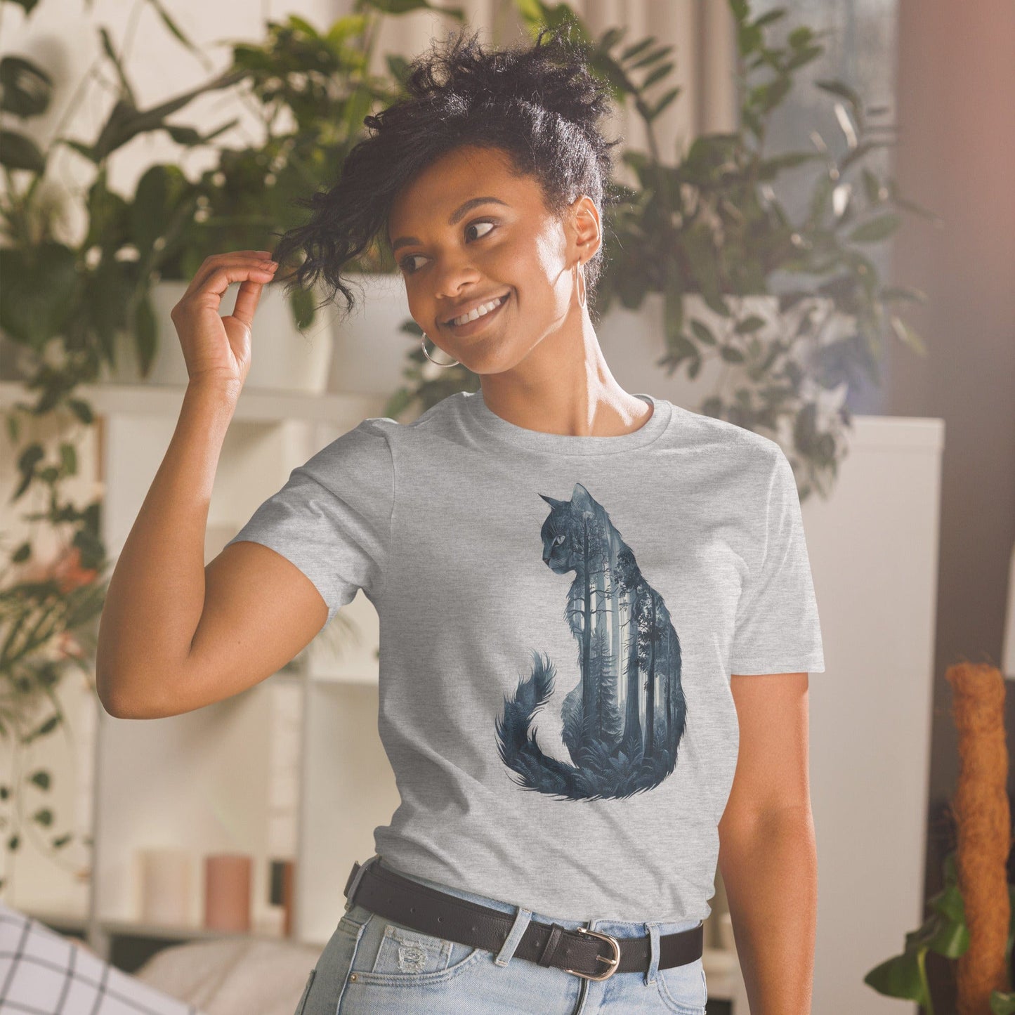 Padres Mágicos Gris deportivo / S Camiseta "Gato del Bosque" - 100% Algodón con Diseño Artístico de Naturaleza