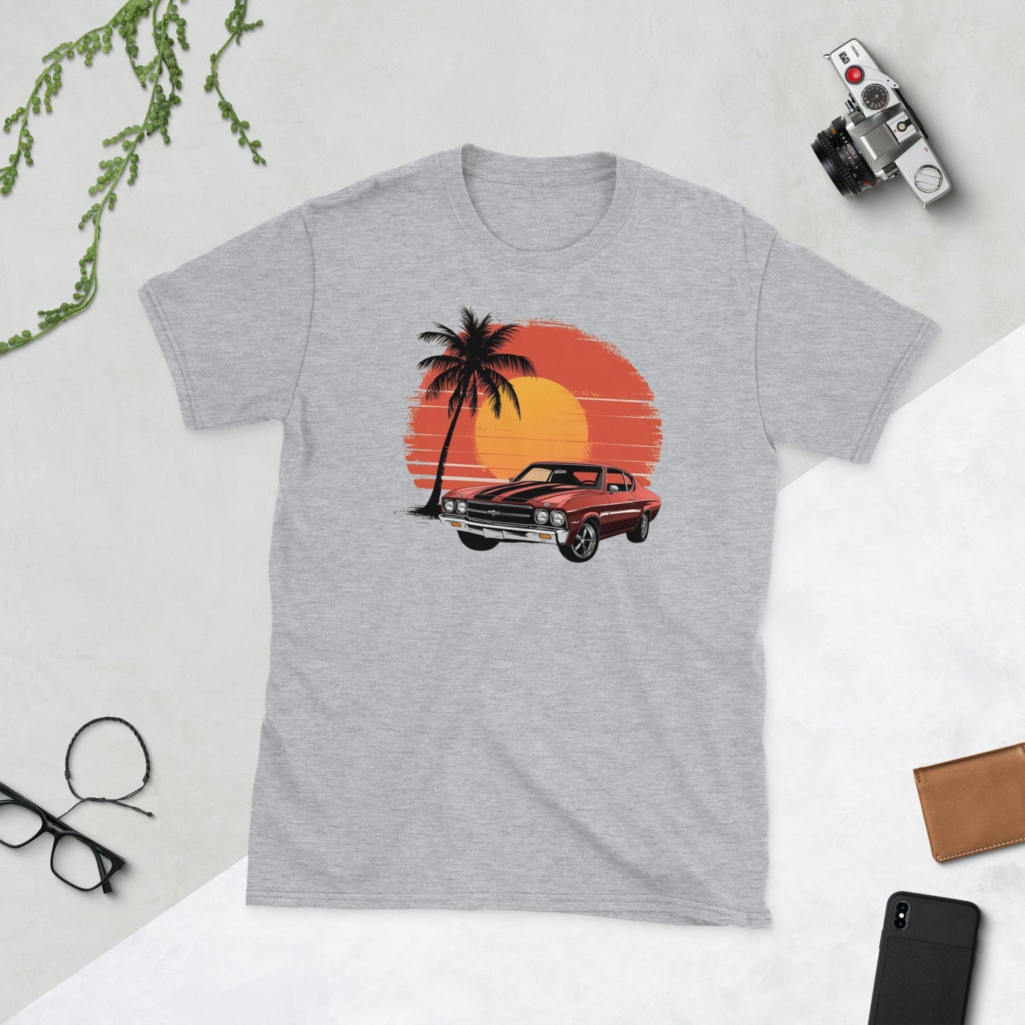 Padres Mágicos Gris deportivo / S Camiseta Muscle Car con Palmera - Diseño Retro para Amantes de los Coches