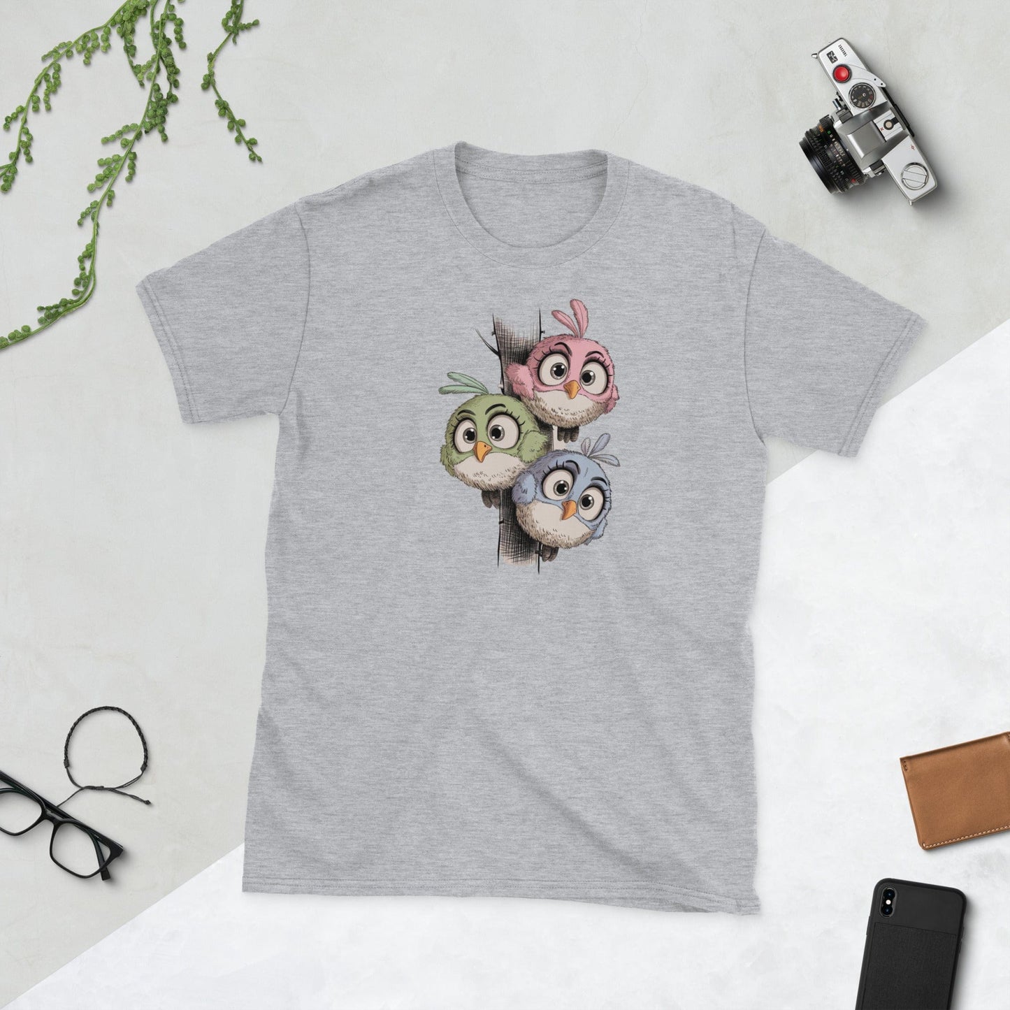 Padres Mágicos Gris deportivo / S Camiseta "Pajaritos de Colores" - 100% Algodón con Diseño Adorable