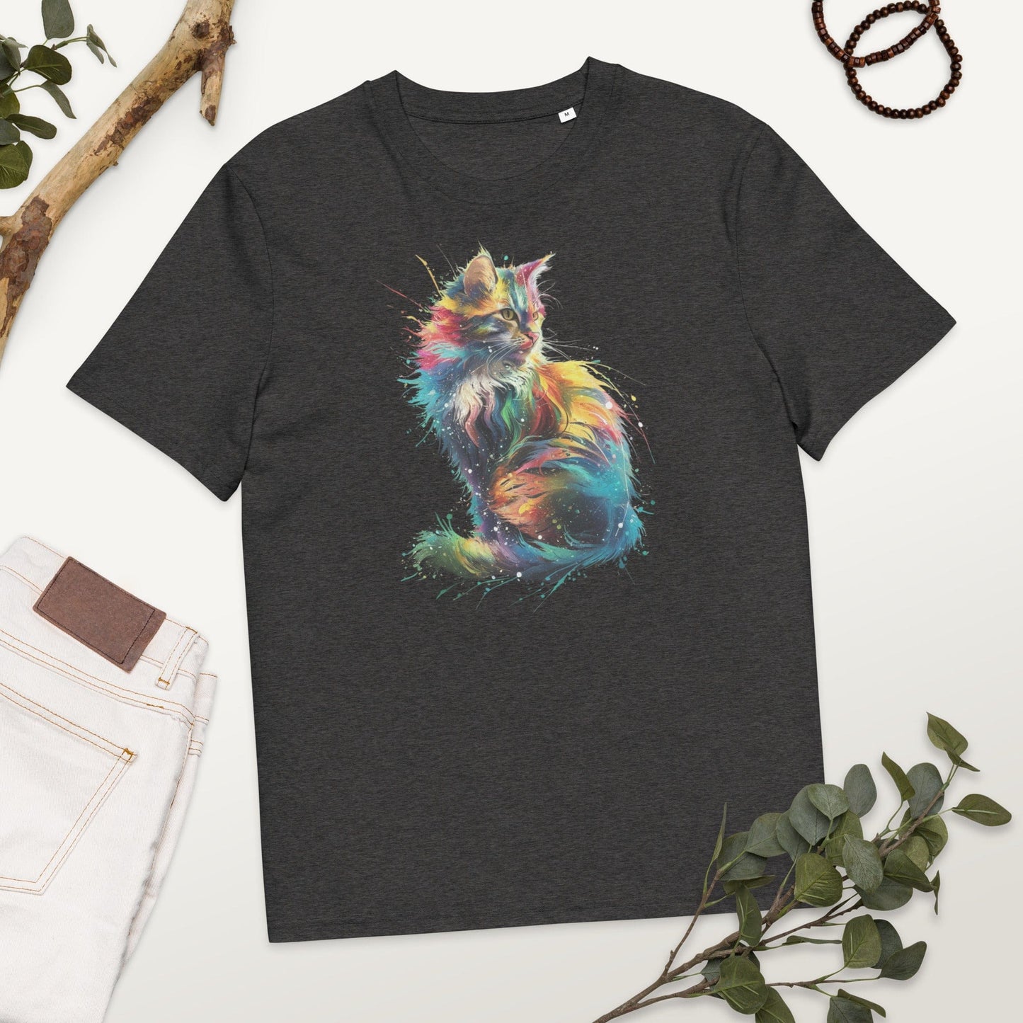 Padres Mágicos Gris jaspeado oscuro / S Camiseta "Gato Arcoíris Explosivo" 100% Algodón Orgánico - Para Amantes de los Gatos y el Color