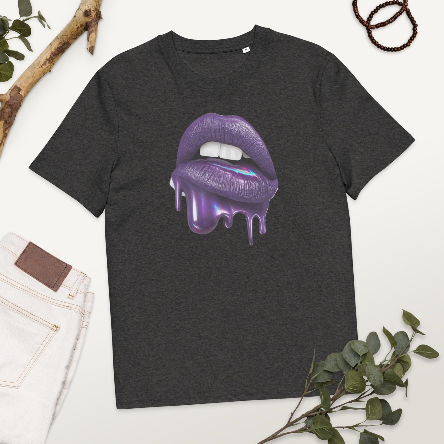 Padres Mágicos Gris jaspeado oscuro / S Camiseta "Labios Púrpuras" 100% Algodón Orgánico - Para Amantes del Estilo Único