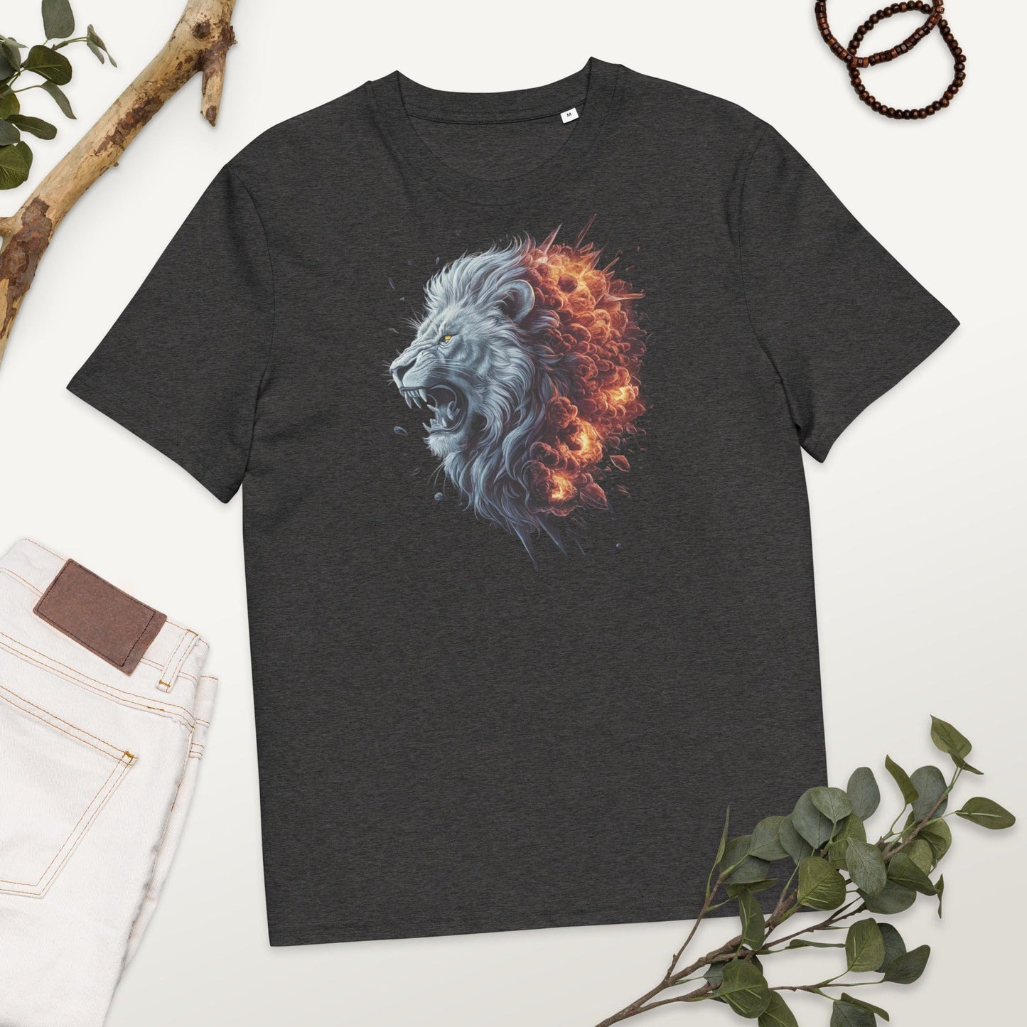 Padres Mágicos Gris jaspeado oscuro / S Camiseta "León de Fuego" 100% Algodón Orgánico - Para Amantes del Estilo Salvaje