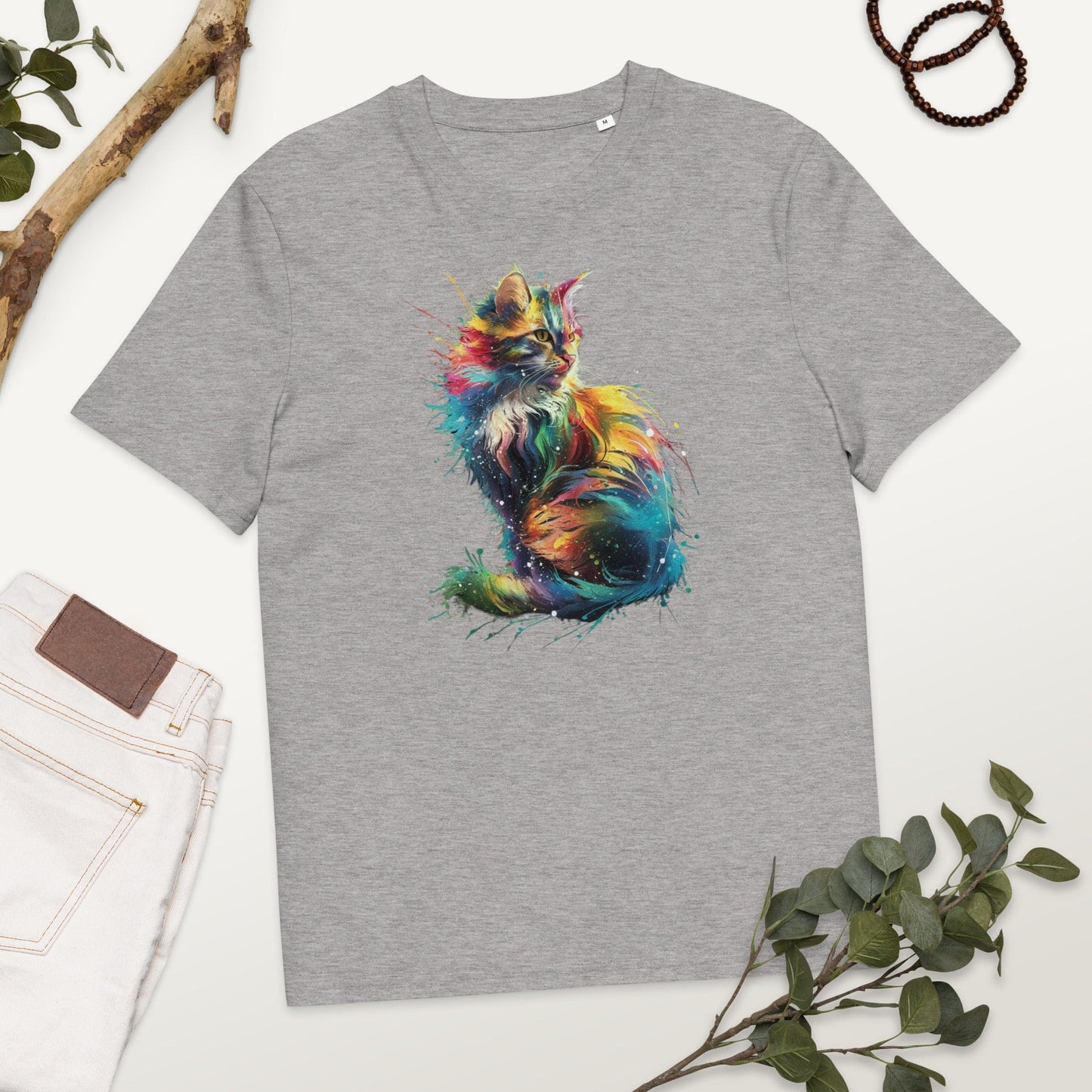 Padres Mágicos Gris jaspeado / S Camiseta "Gato Arcoíris Explosivo" 100% Algodón Orgánico - Para Amantes de los Gatos y el Color