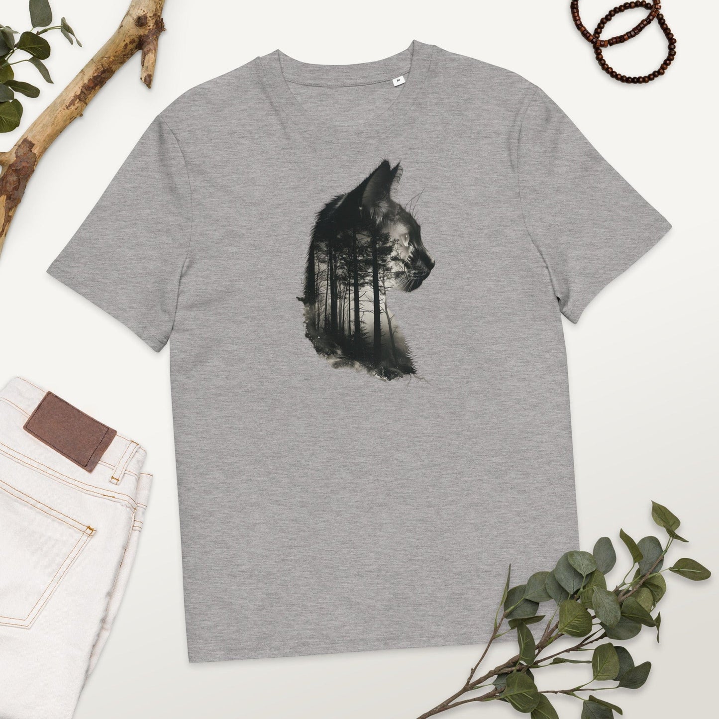 Padres Mágicos Gris jaspeado / S Camiseta "Gato Bosque" Unisex de Algodón Bio