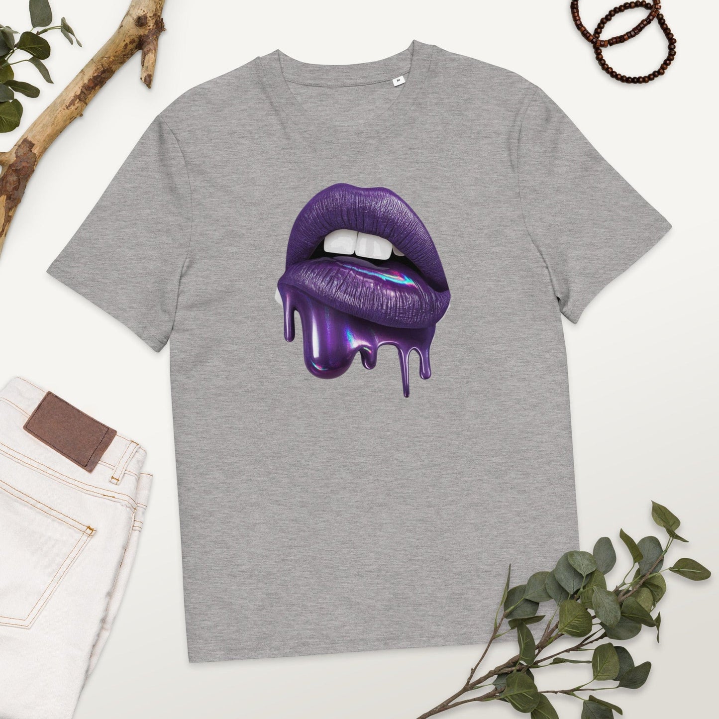 Padres Mágicos Gris jaspeado / S Camiseta "Labios Púrpuras" 100% Algodón Orgánico - Para Amantes del Estilo Único