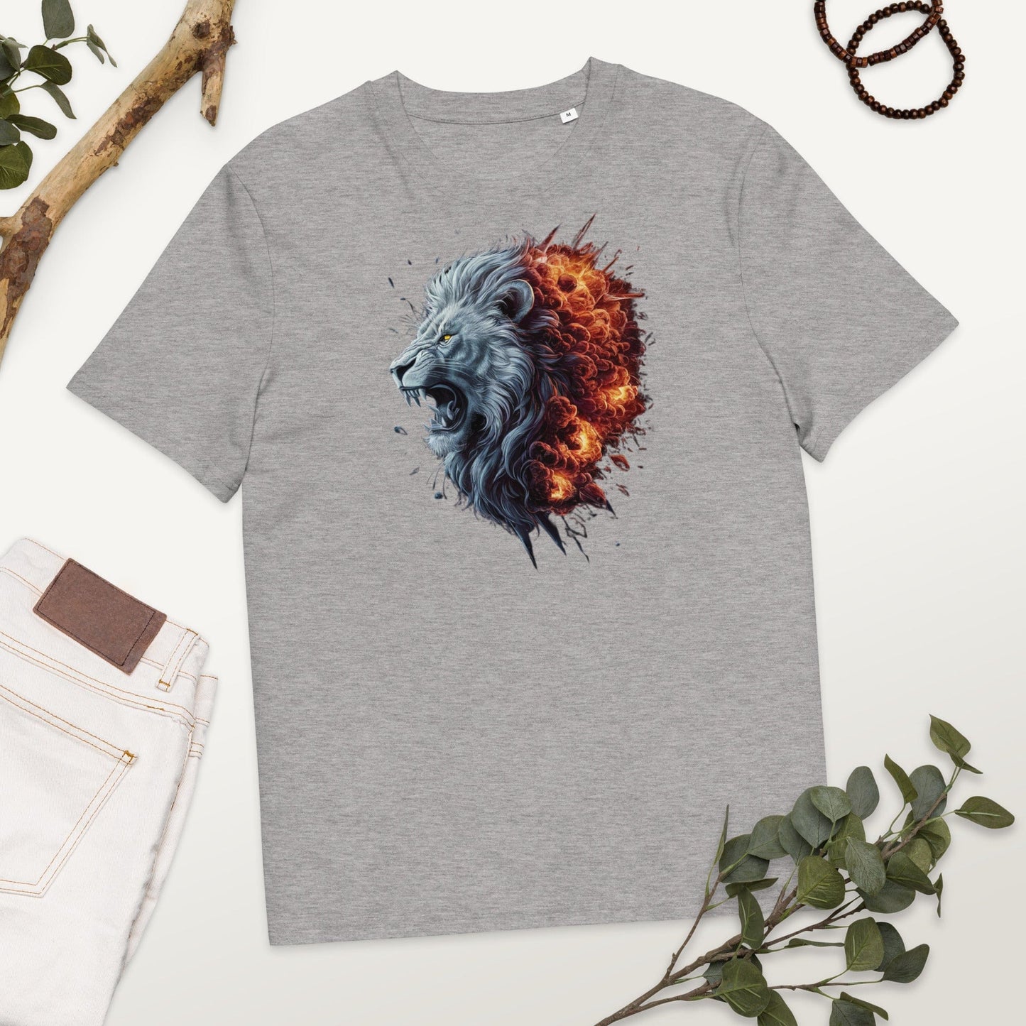 Padres Mágicos Gris jaspeado / S Camiseta "León de Fuego" 100% Algodón Orgánico - Para Amantes del Estilo Salvaje