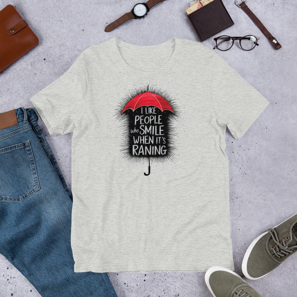 Padres Mágicos Jaspeado atlético / S Camiseta Inspiradora "Smile When It's Raining" - Diseño de Paraguas