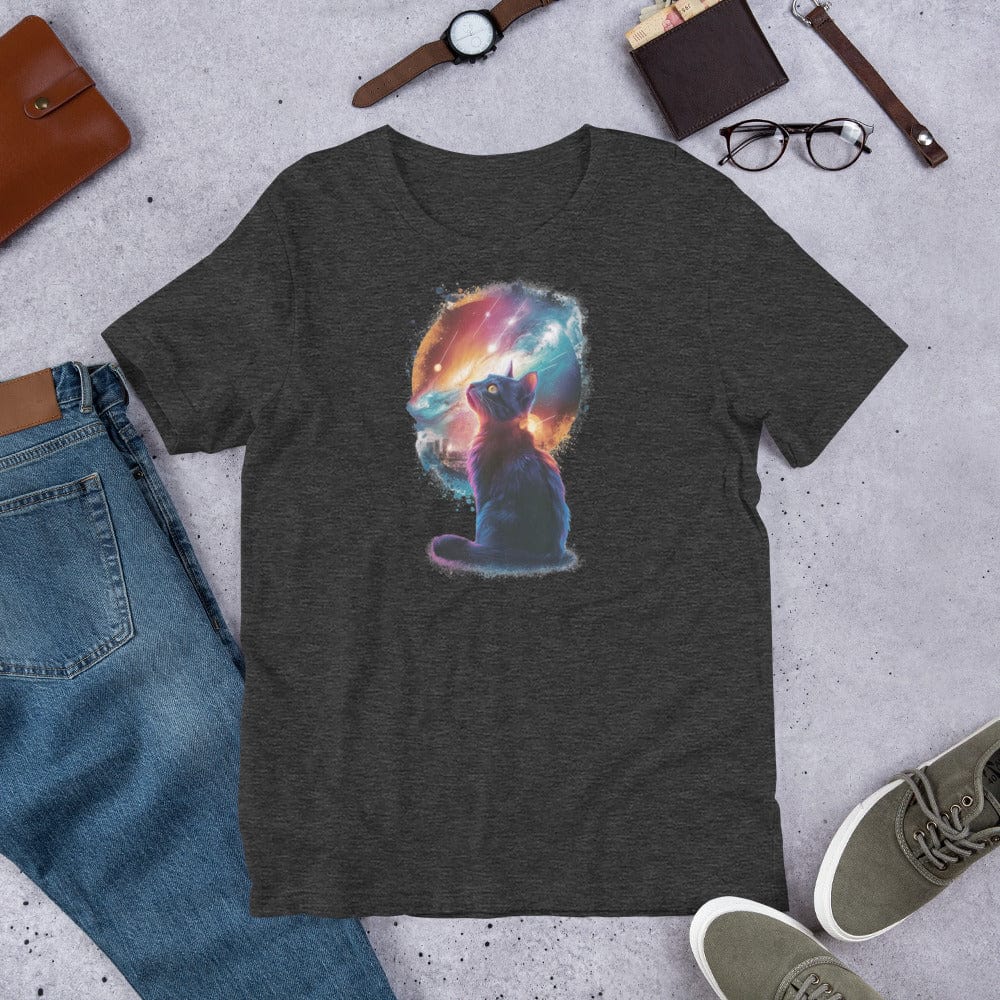 Padres Mágicos Jaspeado gris oscuro / S Camiseta "Gato Cósmico" de algodón suave - Para los amantes de los gatos y el universo