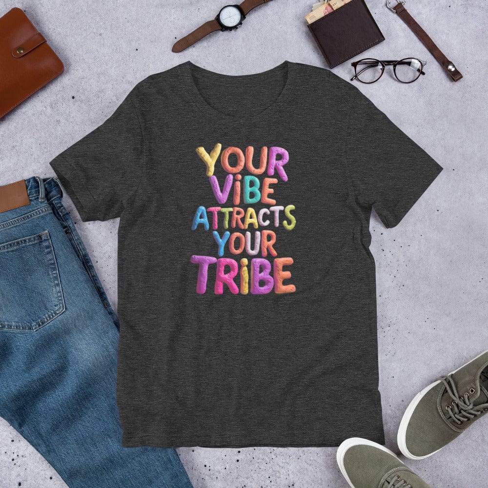 Padres Mágicos Jaspeado gris oscuro / S Camiseta "Tu Vibra Atrae a Tu Tribu" de algodón suave