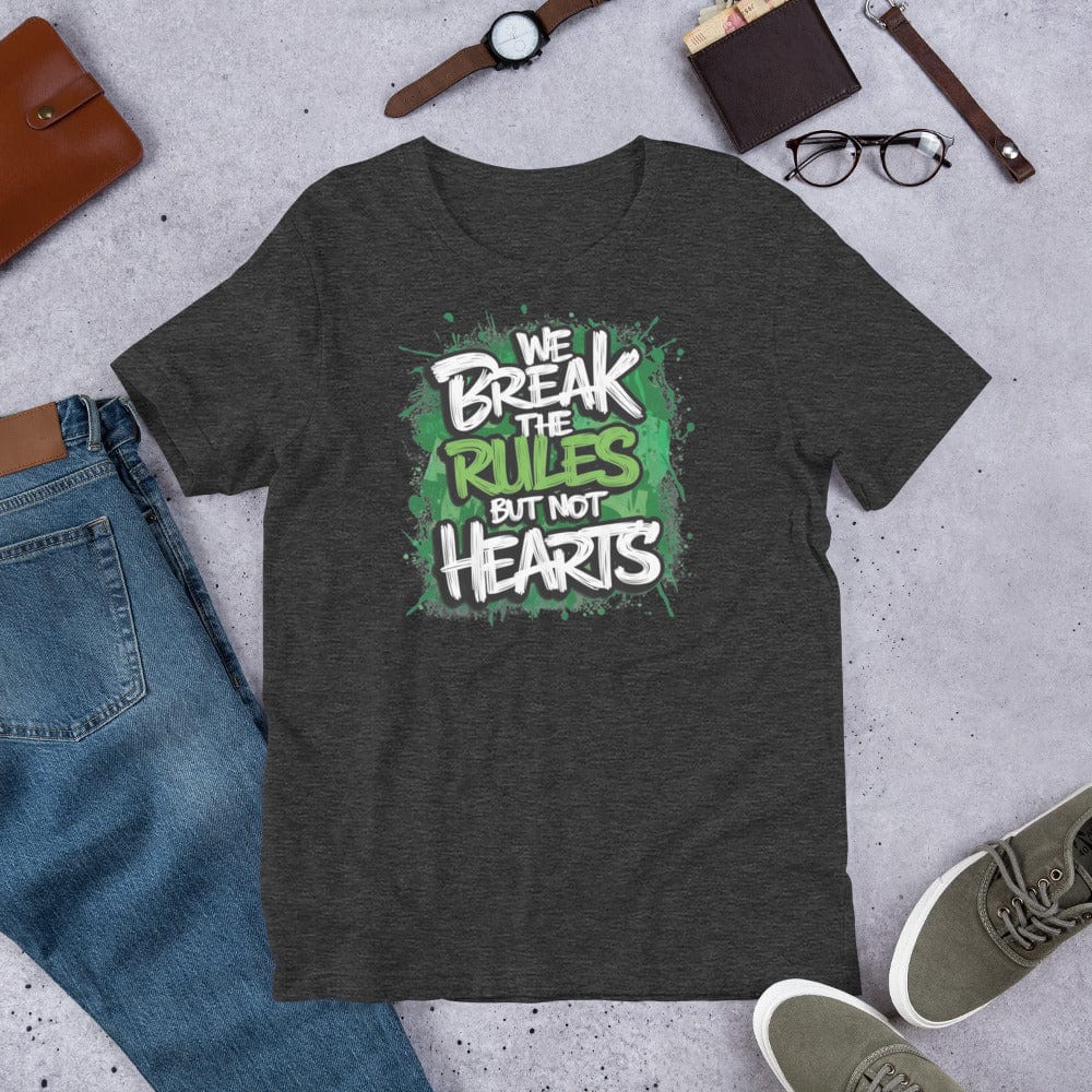 Padres Mágicos Jaspeado gris oscuro / S Camiseta "We Break the Rules but Not Hearts" - Diseño Rebelde y Divertido