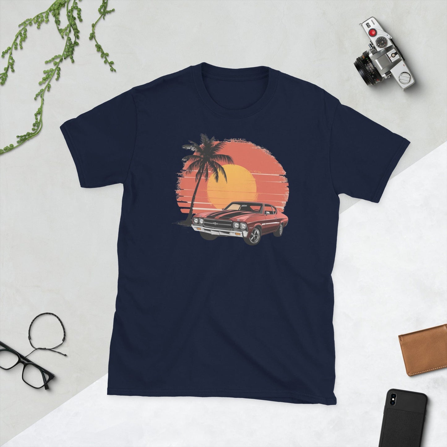 Padres Mágicos Marino / S Camiseta Muscle Car con Palmera - Diseño Retro para Amantes de los Coches