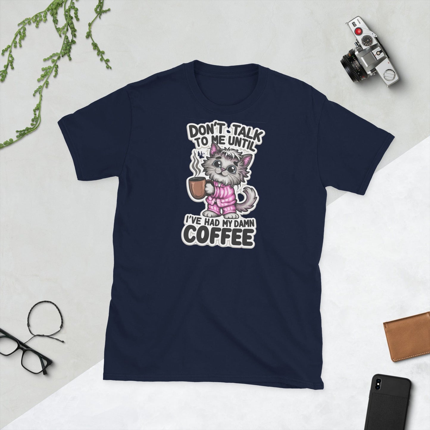 Padres Mágicos Navy / S Camiseta "Don't Talk to Me Until I've Had My Damn Coffee" - 100% Algodón con Diseño Divertido de Gato