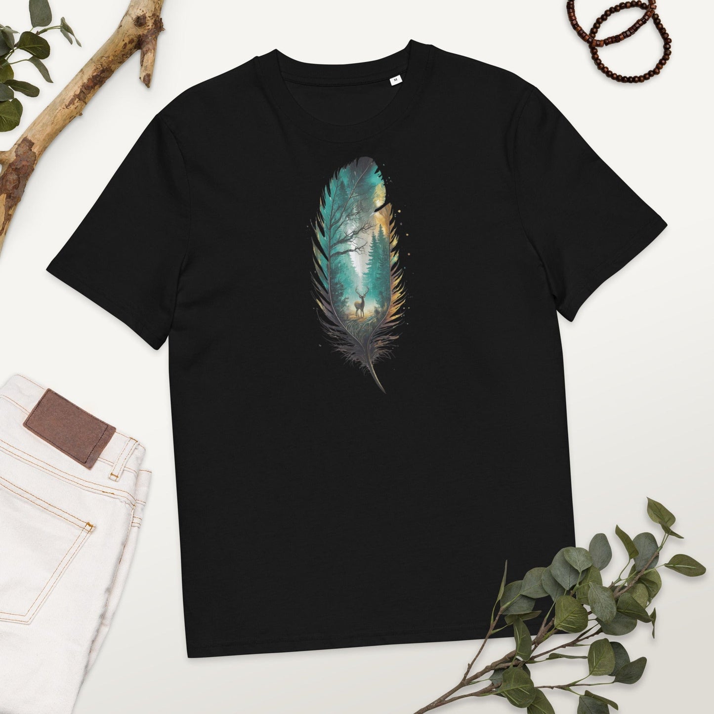 Padres Mágicos Negro / S Camiseta Bosque en Pluma - Algodón Orgánico