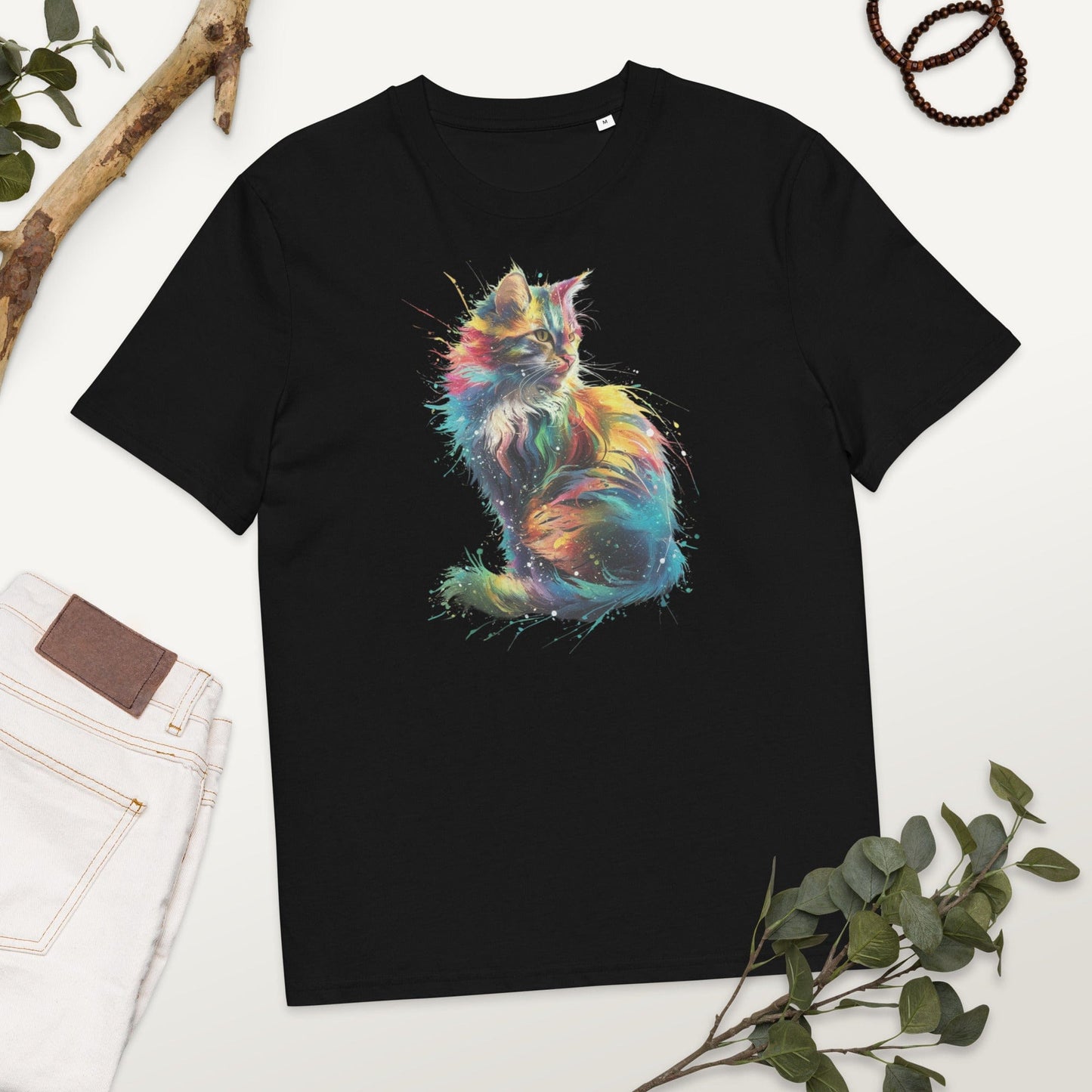Padres Mágicos Negro / S Camiseta "Gato Arcoíris Explosivo" 100% Algodón Orgánico - Para Amantes de los Gatos y el Color