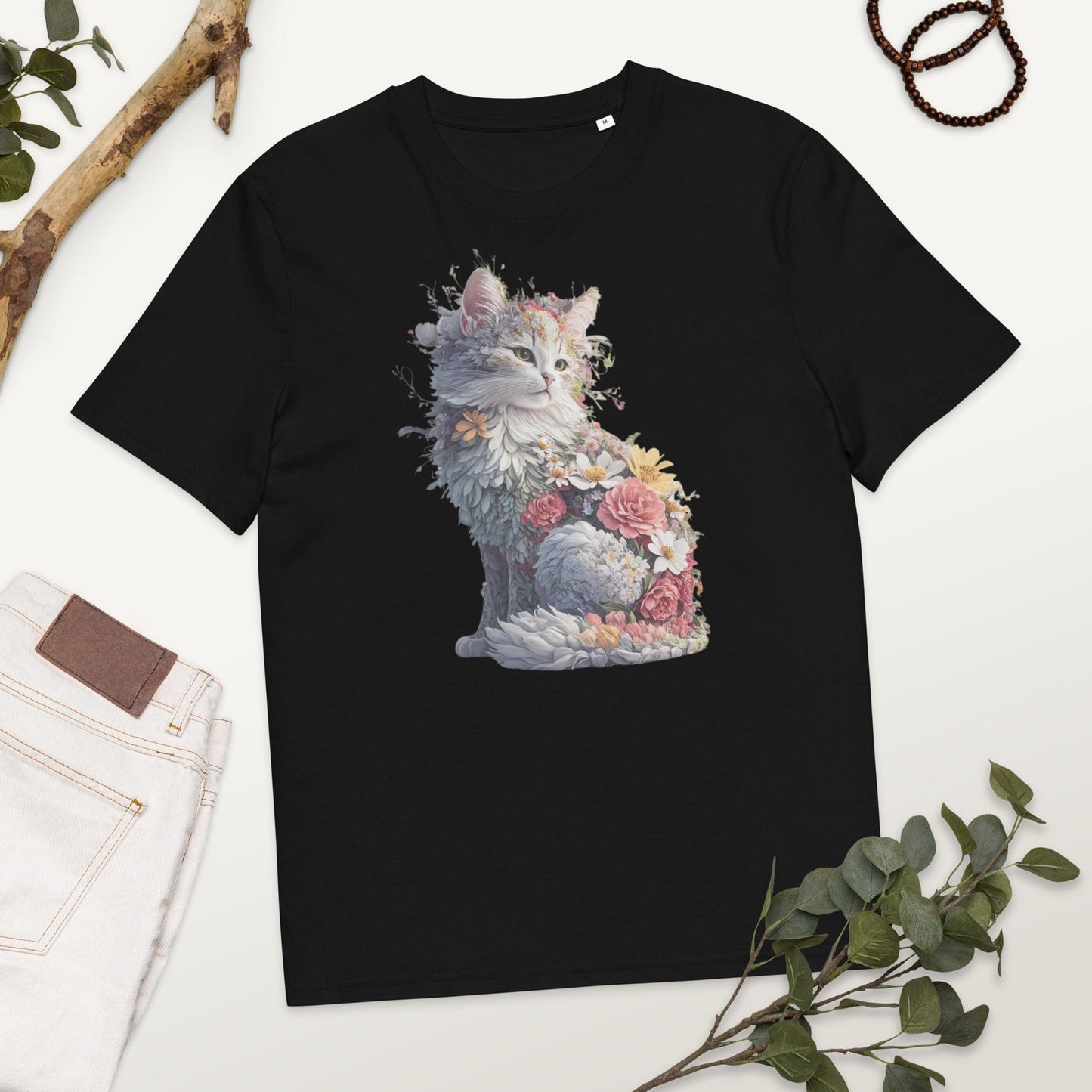 Padres Mágicos Negro / S Camiseta "Gato Floral Encantado" 100% Algodón Orgánico - Para Amantes del Arte y la Naturaleza