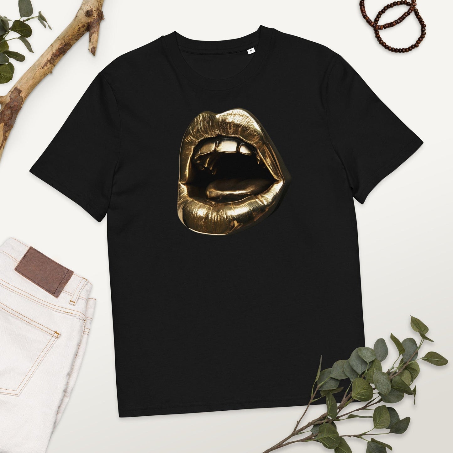 Padres Mágicos Negro / S Camiseta "Labios Dorados" de Algodón Orgánico