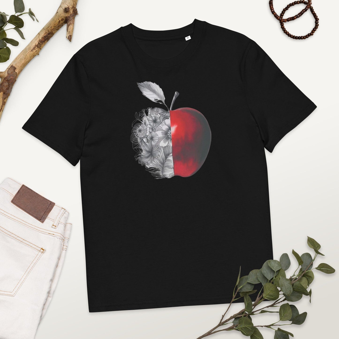 Padres Mágicos Negro / S Camiseta "Manzana Floral Contrastada" 100% Algodón Orgánico - Para Amantes del Arte y la Naturaleza