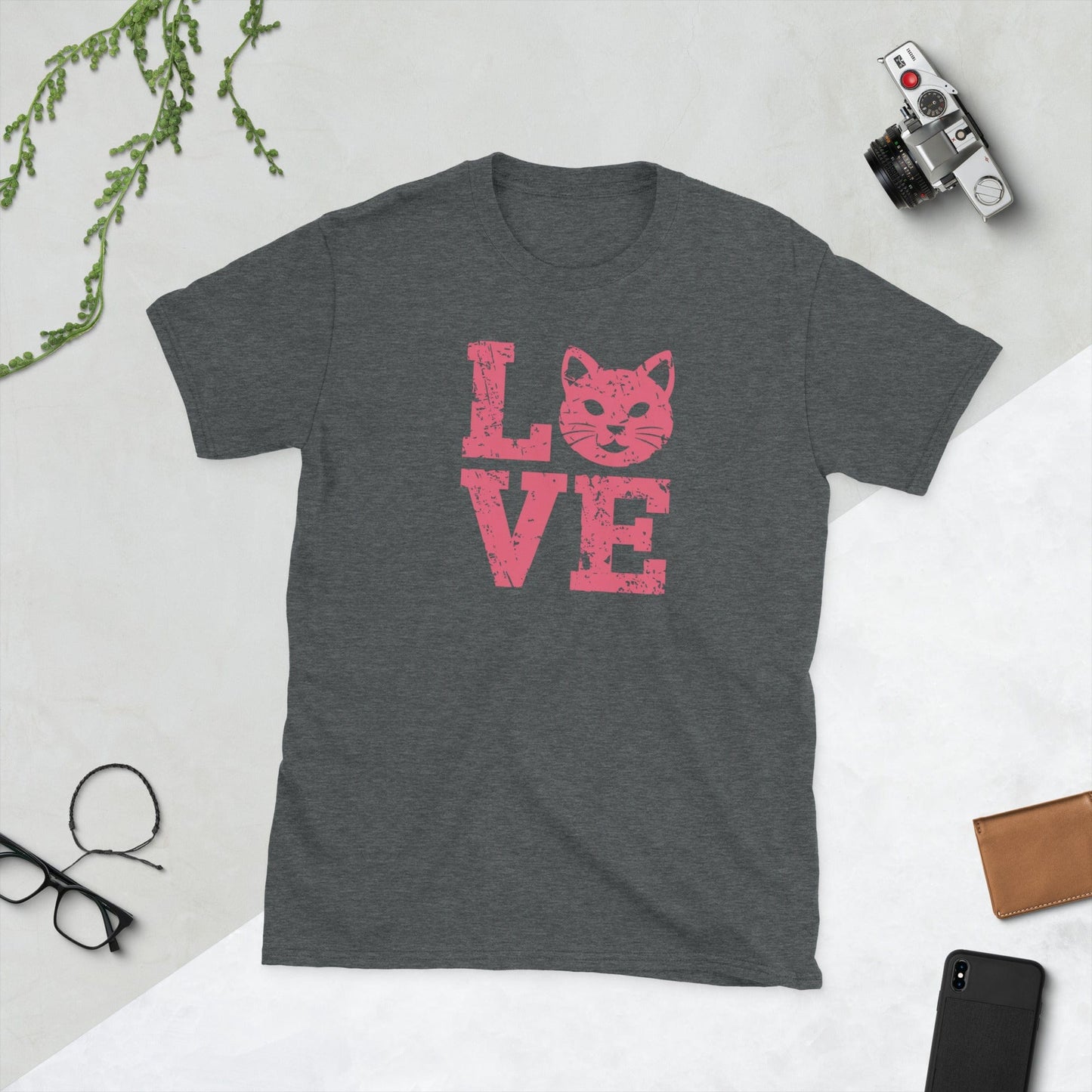 Padres Mágicos Oscuro jaspeado / S Camiseta Love con Gato - Diseño Tierno y Minimalista