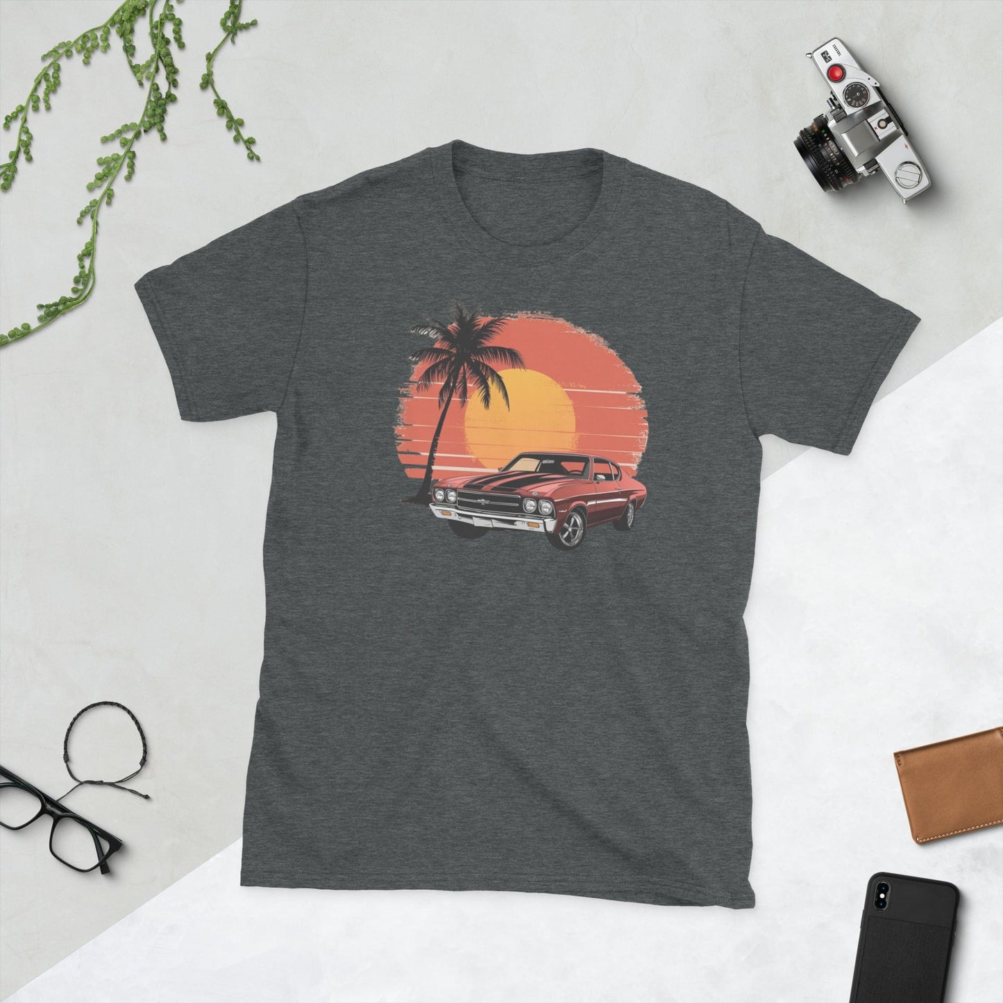 Padres Mágicos Oscuro jaspeado / S Camiseta Muscle Car con Palmera - Diseño Retro para Amantes de los Coches