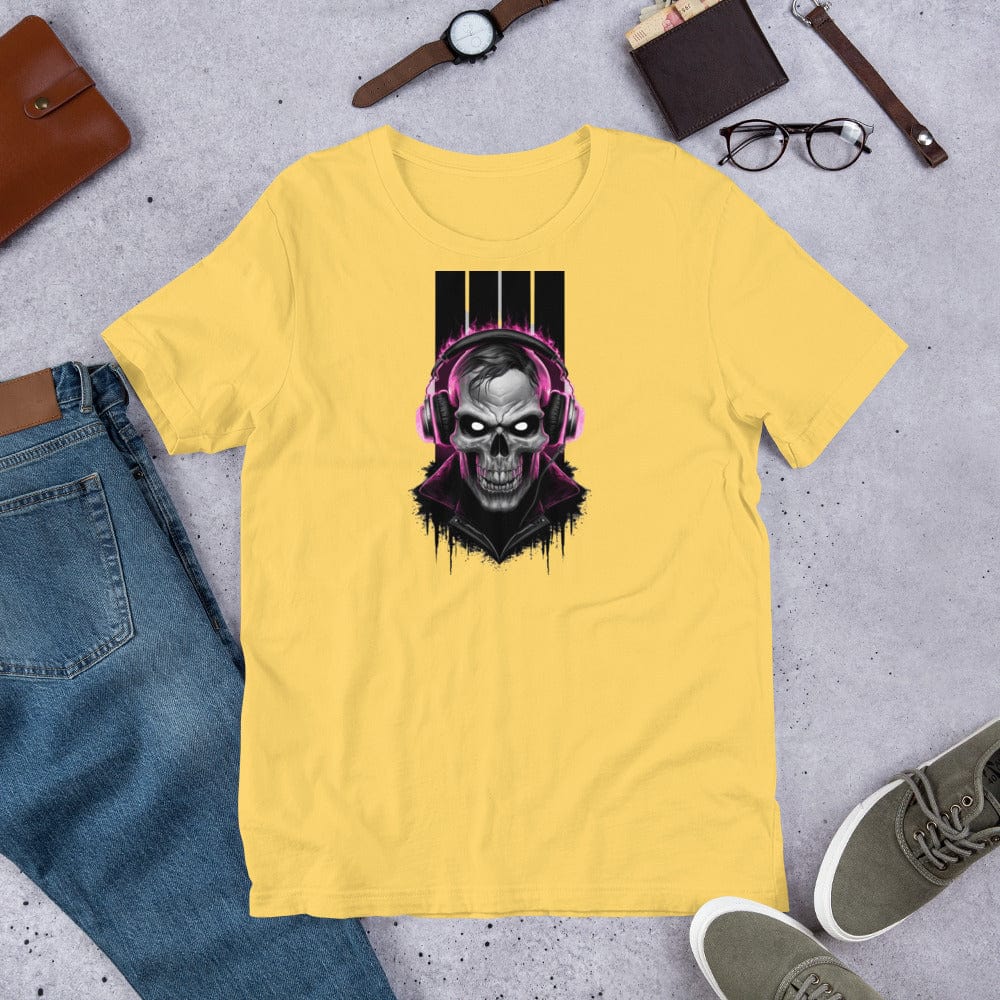 Padres Mágicos Amarillo / S Camiseta "Calavera DJ" de algodón suave - Para los amantes de la música y el estilo