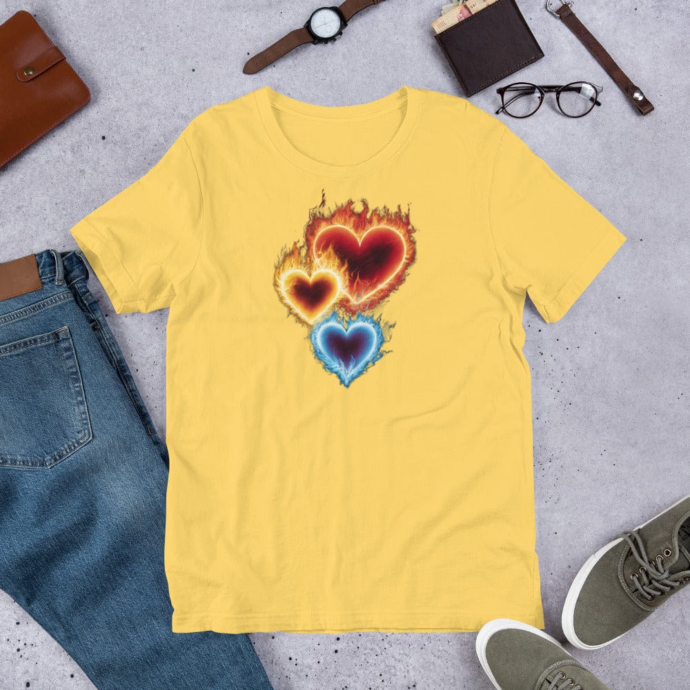 Padres Mágicos Amarillo / S Camiseta "Corazones Llameantes" de algodón suave