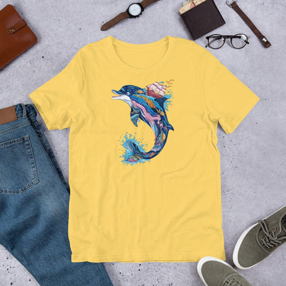 Padres Mágicos Amarillo / S Camiseta "Delfín Aventurero" de algodón suave - Para los exploradores del mar y la imaginación