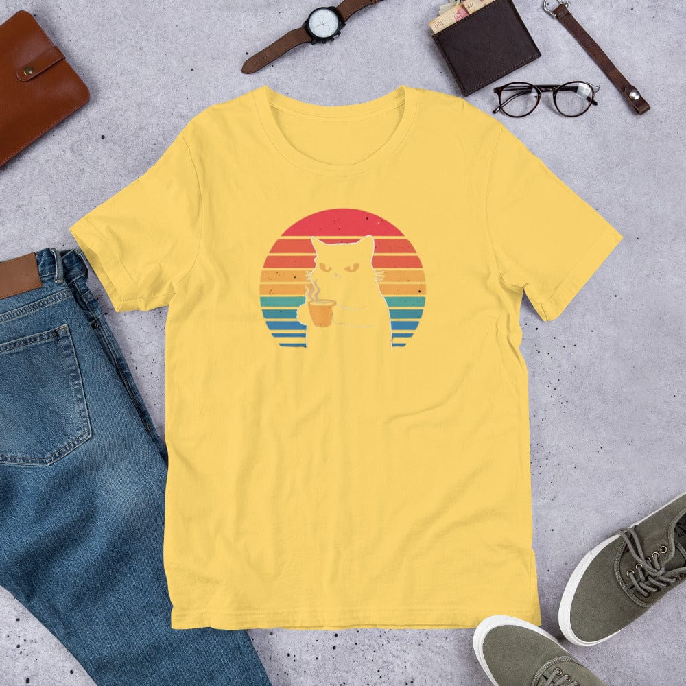 Padres Mágicos Amarillo / S Camiseta Gato Enfadado con Café - Diseño Retro