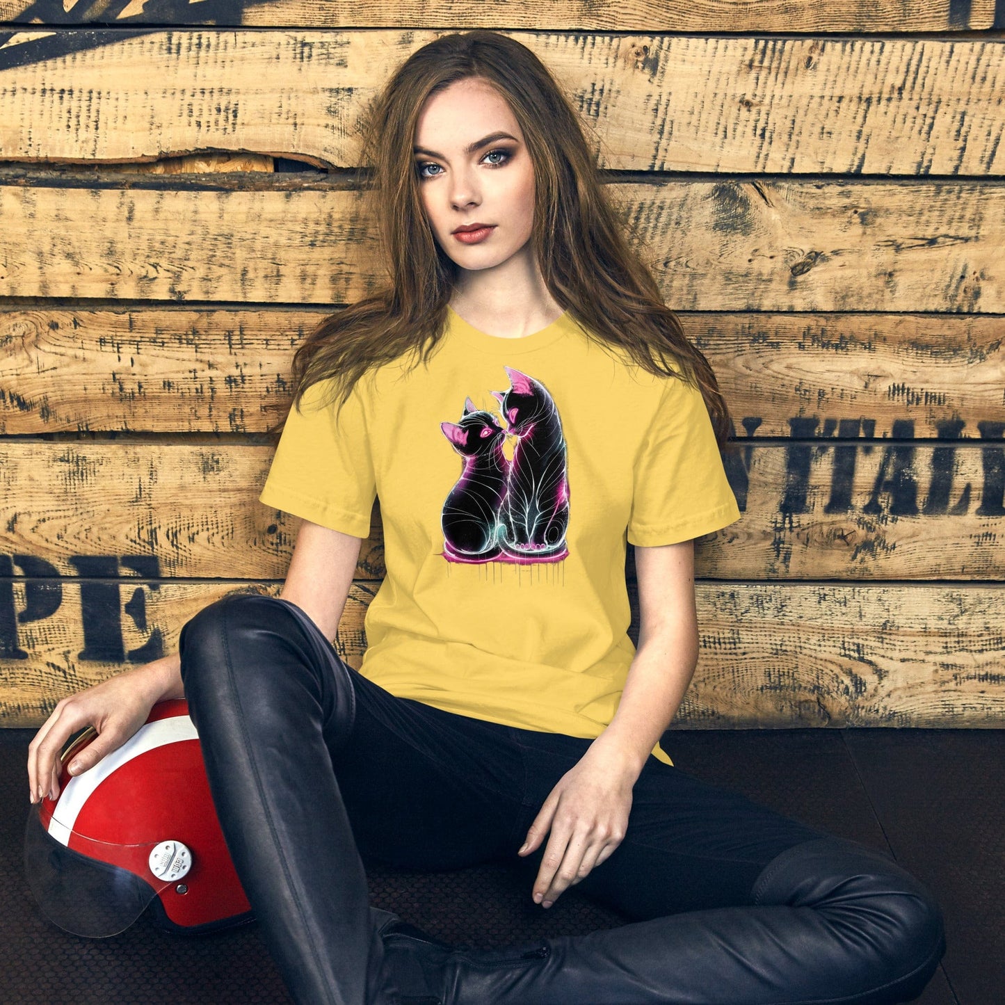 Padres Mágicos Amarillo / S Camiseta "Gatos Neón" de algodón suave - Para amantes del arte y los gatos