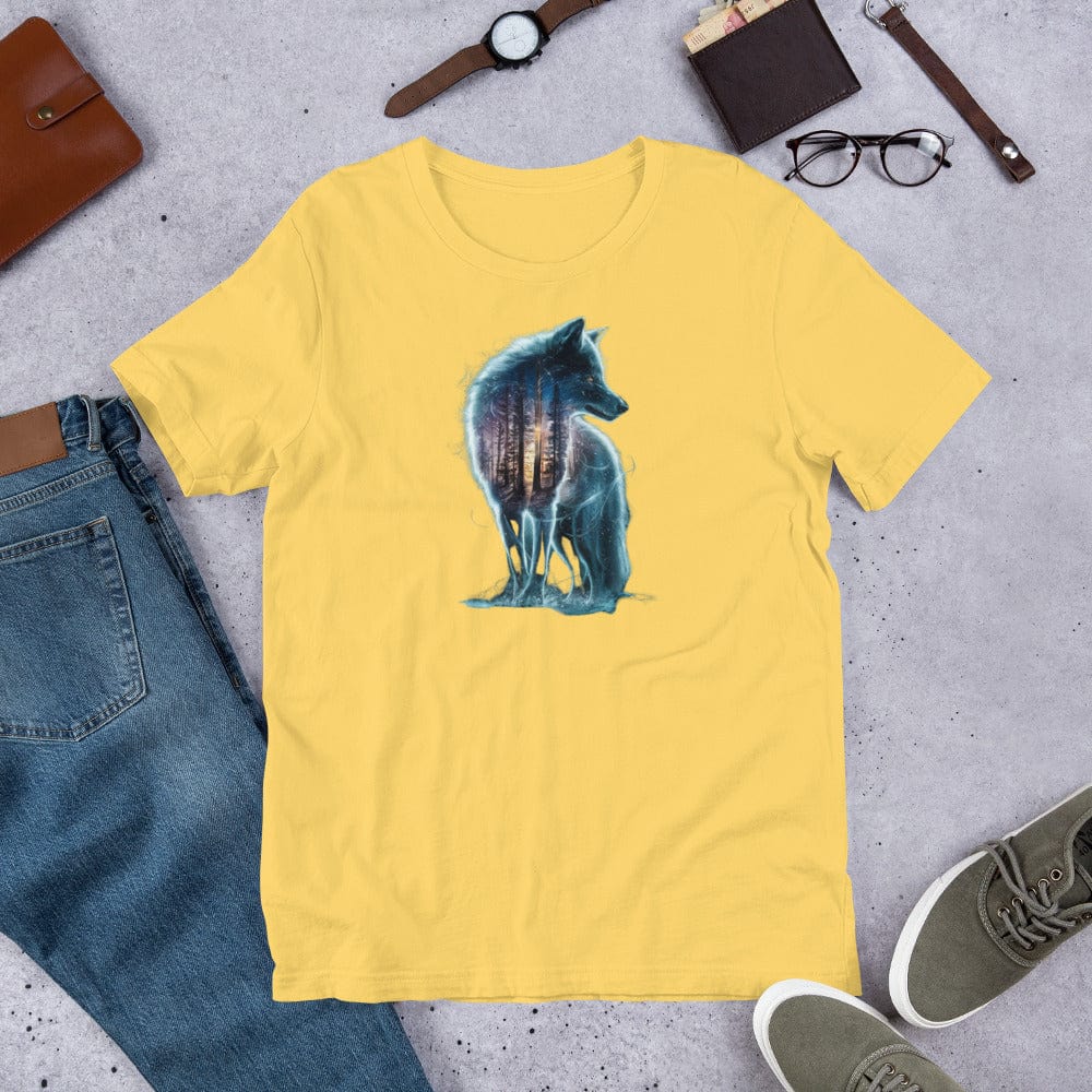 Padres Mágicos Amarillo / S Camiseta "Lobo Espiritual" de algodón suave - Para exploradores de lo místico