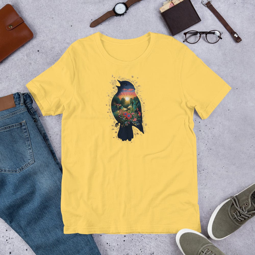 Padres Mágicos Amarillo / S Camiseta "Pájaro del Amanecer" de algodón suave - Para los amantes de la naturaleza y la serenidad