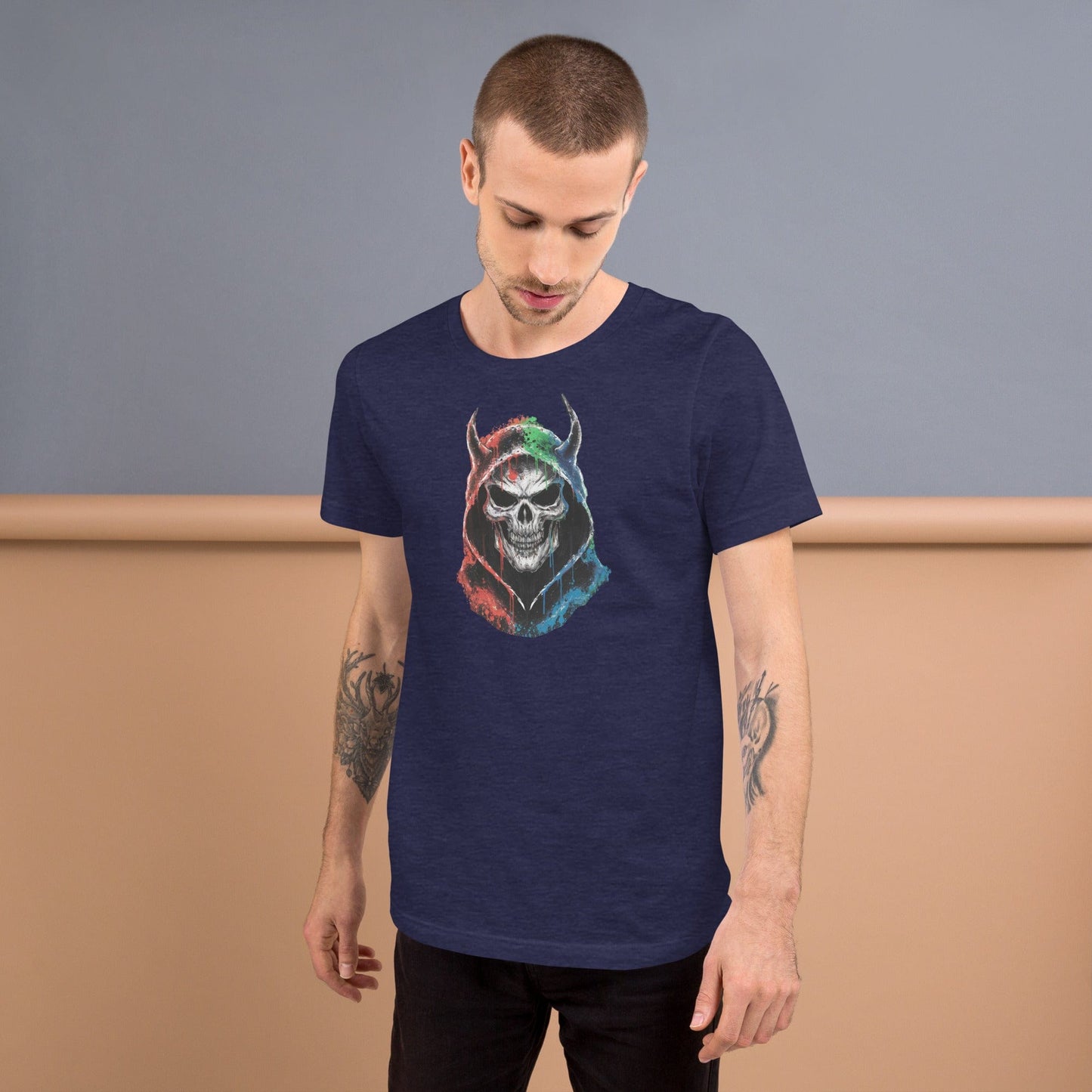 Padres Mágicos Azul medianoche jaspeado / S Camiseta "Calavera del Diablo" de algodón suave - Para los que aman el estilo atrevido y único