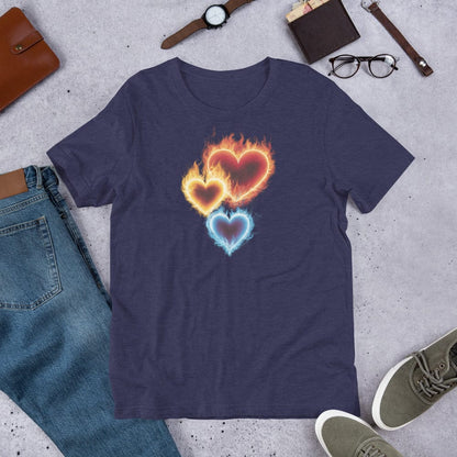 Padres Mágicos Azul medianoche jaspeado / S Camiseta "Corazones Llameantes" de algodón suave