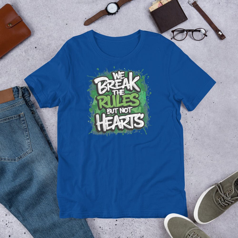 Padres Mágicos Azul real claro / S Camiseta "We Break the Rules but Not Hearts" - Diseño Rebelde y Divertido