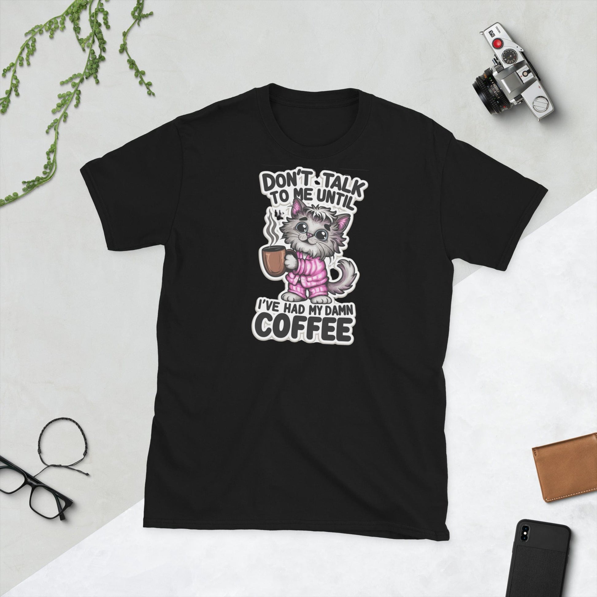 Padres Mágicos Black / S Camiseta "Don't Talk to Me Until I've Had My Damn Coffee" - 100% Algodón con Diseño Divertido de Gato